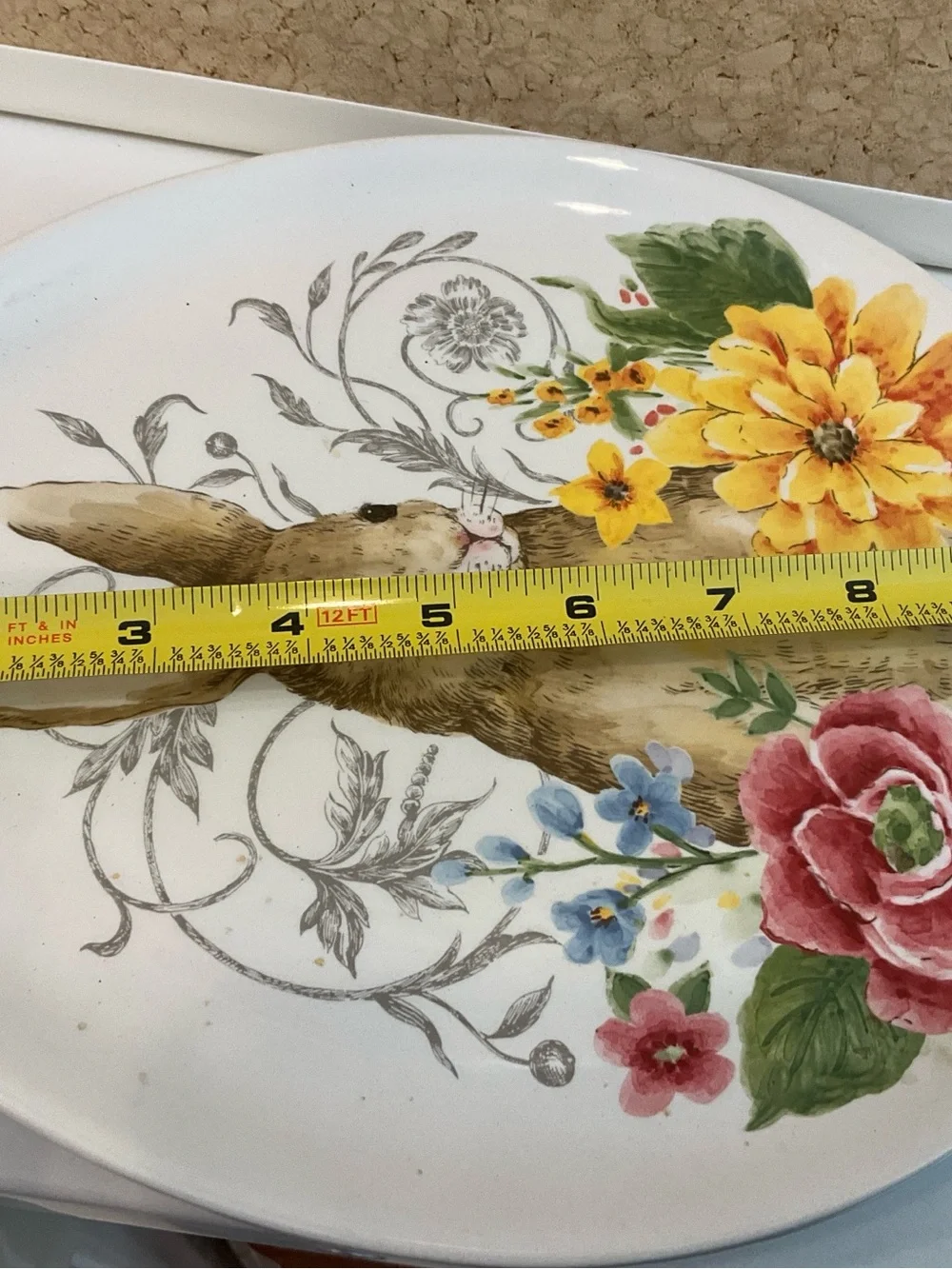 Floral Bunny Ceramic Serving Plate - White with Multicolor Floral Design